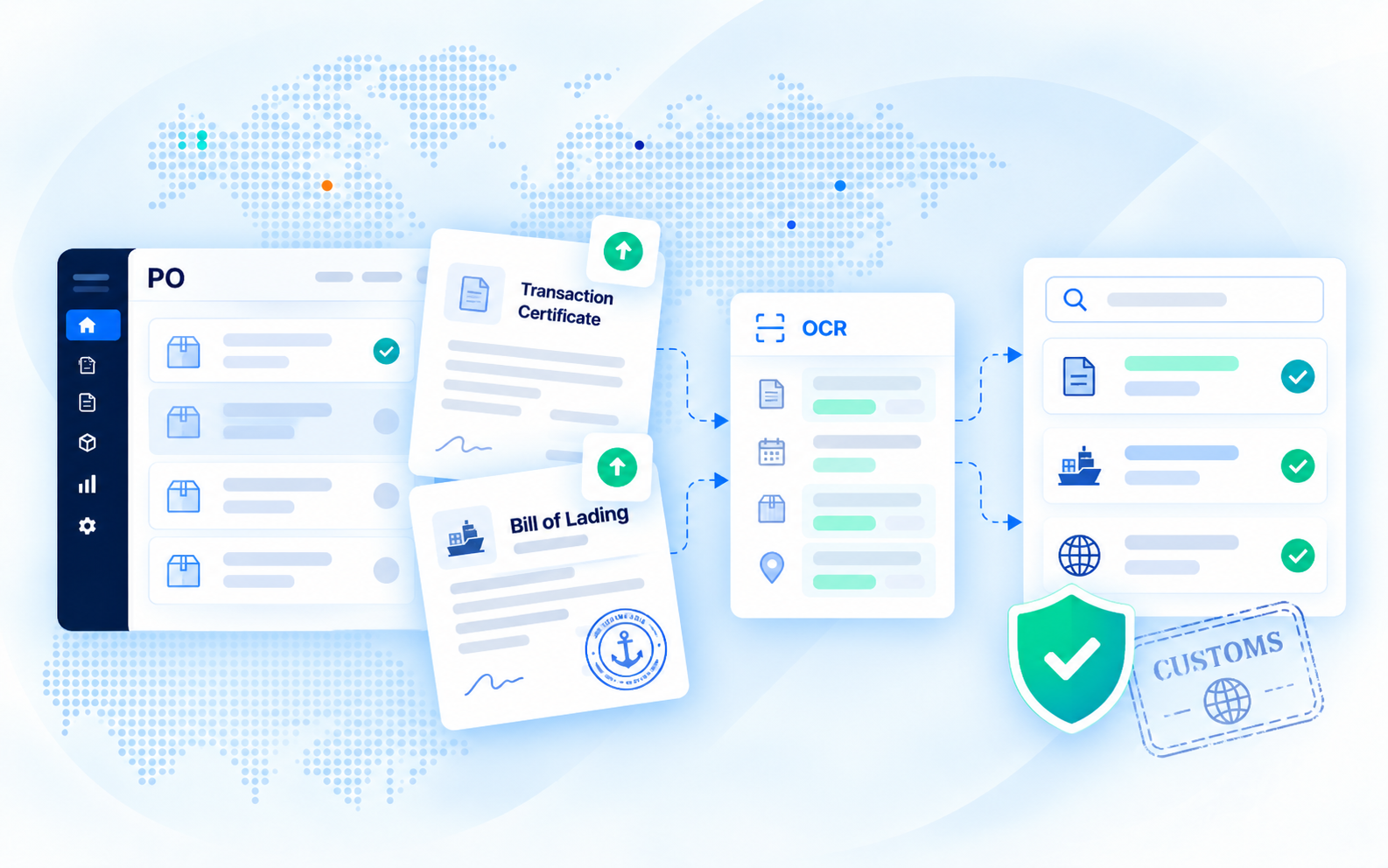 Transaction certificates and bills of lading processed with OCR for customs compliance
