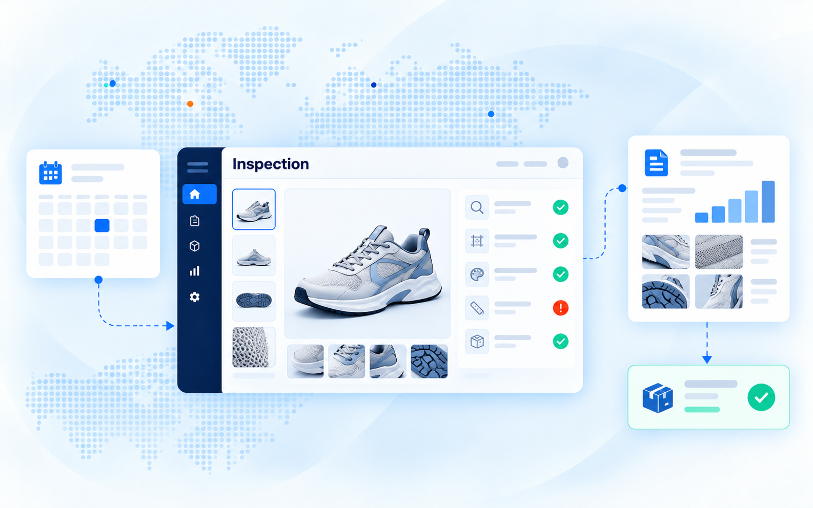 Inspection workflow coordinating bookings, quality checks, reports, and system updates