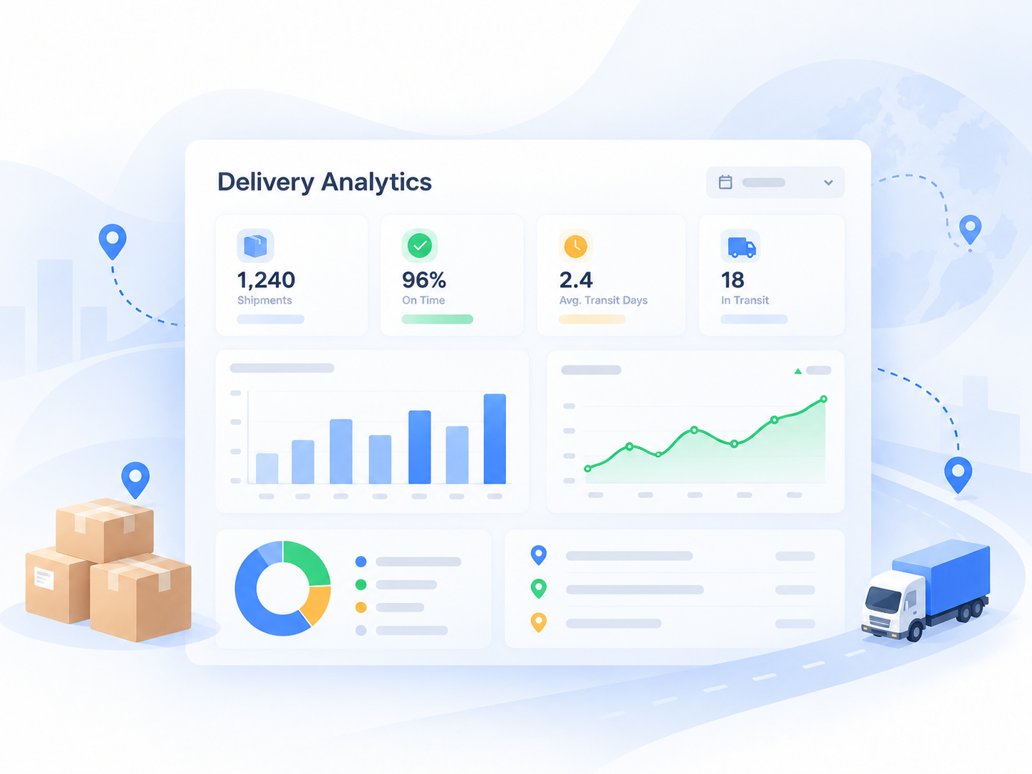 Automail dashboard consolidating material delivery status, shipment delays, delay reasons, and supplier on-time performance