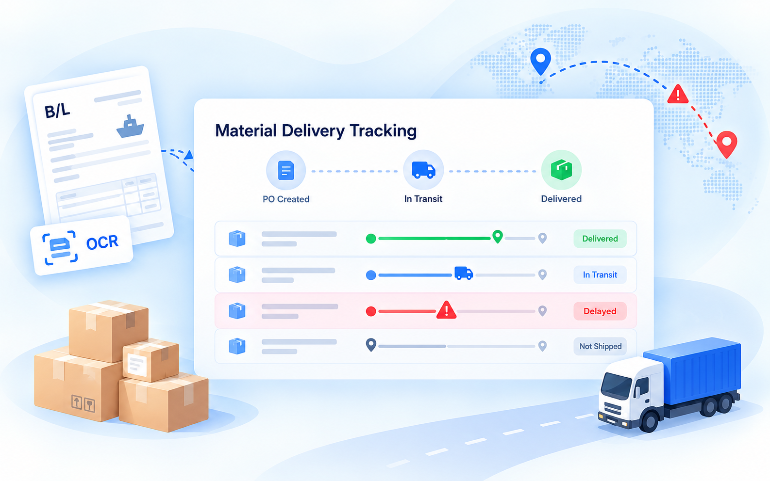 Material delivery tracking with shipment status, delays, and document extraction