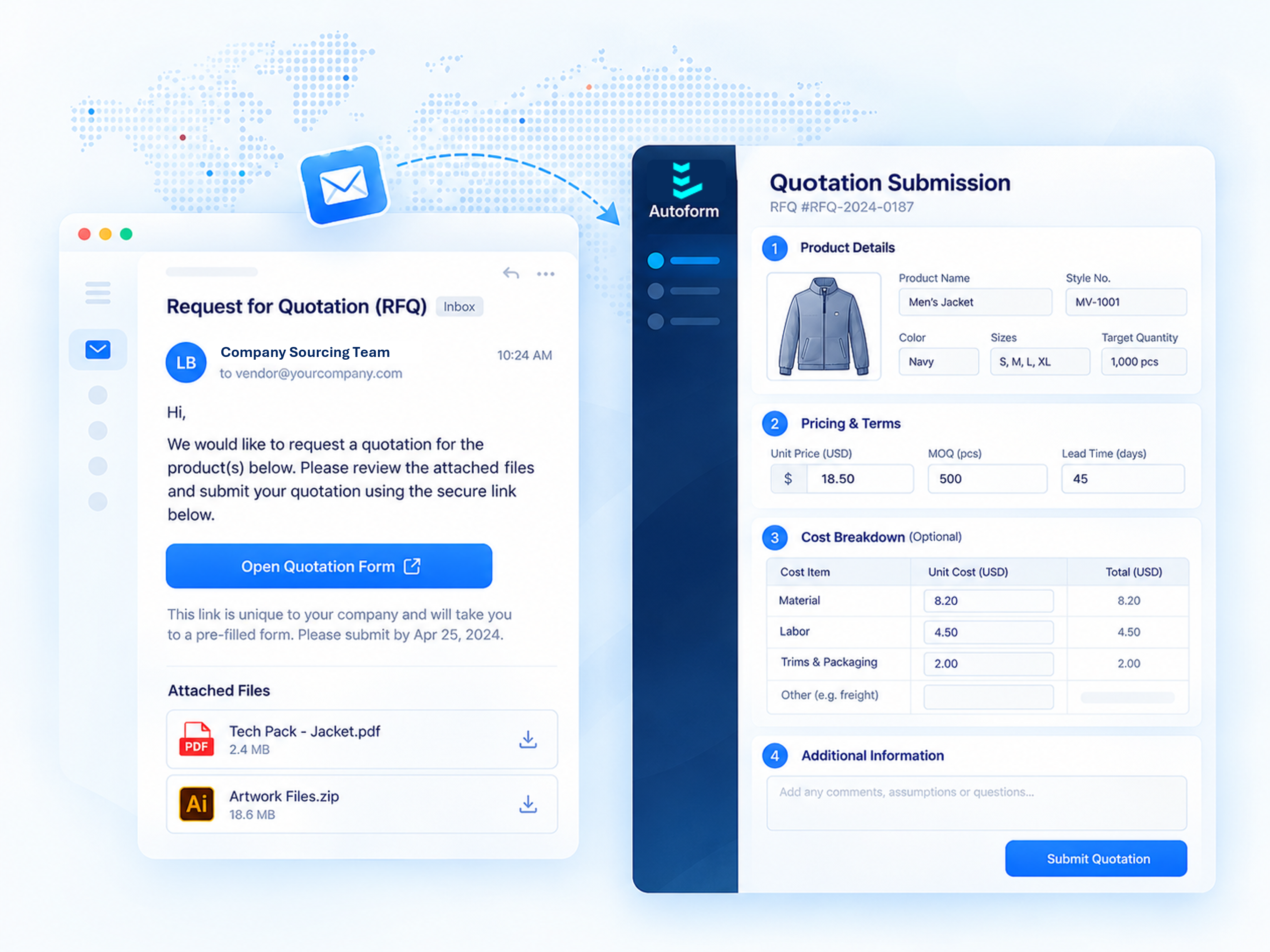 Example Autoform quotation sheet with predefined product details and editable supplier quote fields