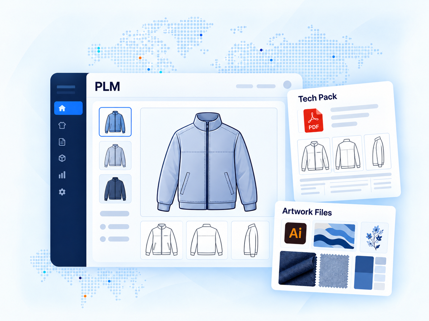 Example garment design with product attributes, PDF tech pack and artwork files