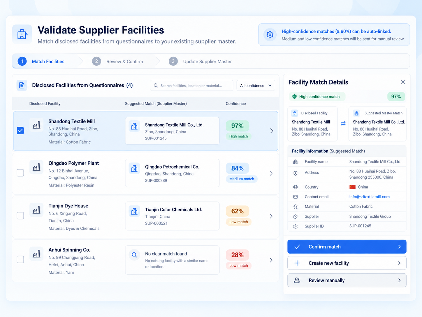 Supplier facility validation interface showing suggested master-data matches, confidence scores, and user confirmation actions